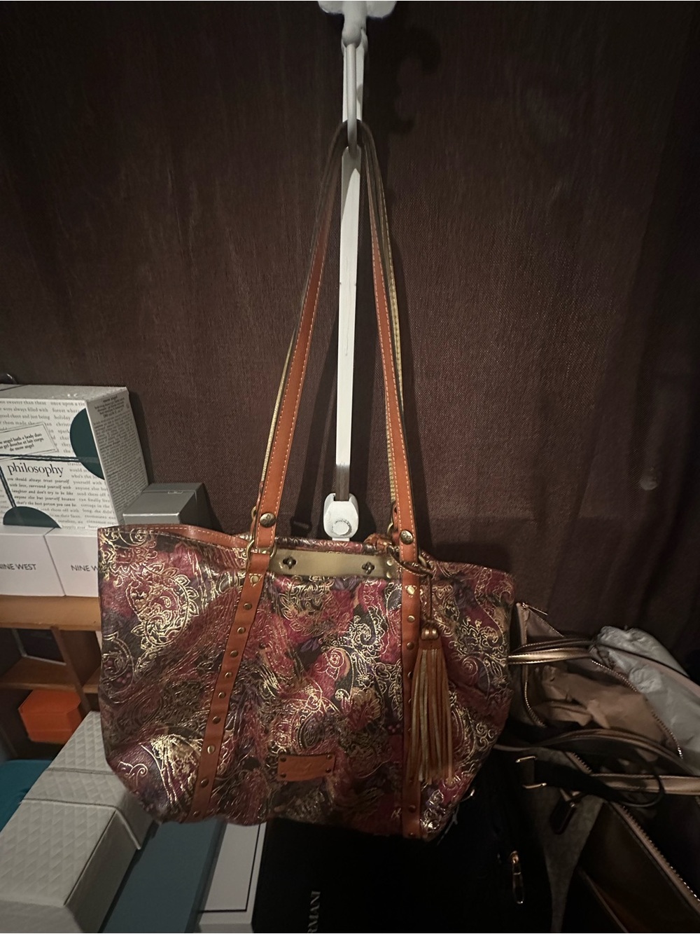 Patricia Nash Paisley Tote with Tassel in Burgundy and Tan - Picture 5 of 6